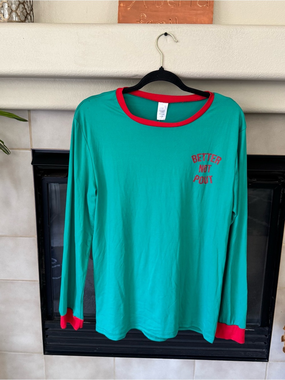 Better Not Pout Long Sleeve Tee - Green with Red Trim